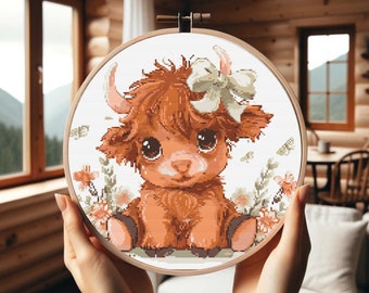 Highland Cow Cross Stitch Pattern PDF | Cute Animal Cross Stitch Pattern | Cross stitch for baby, kids | Easy xstitch Chart | Digital