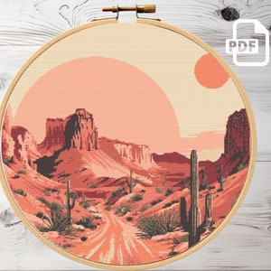 Sonnenaufgang in der Wüste Kreuzstichmuster, Sonnenuntergang x-Kreuzstich, Instant Download PDF, Kreuzstich, Wüstenkreuzstich, Stickvorlage