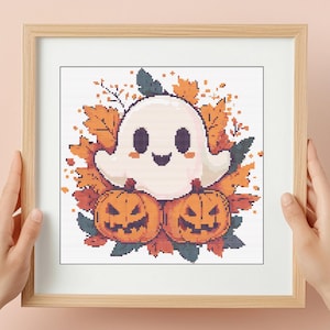 Geist und Kürbisse Kreuzstich-Muster: Halloween Design im Herbst (PDF-Muster)