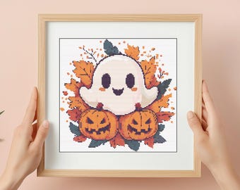 Korsstygnsmönster med spöken och pumpor: Halloween-höstdesign (PDF-mönster)