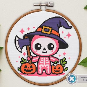 Halloween Skeleton Cross Stitch Pattern PDF – Cute Pink Grim Reaper with Pumpkins & Witch Hat | Spooky Embroidery Chart