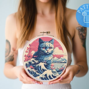 Artistic Cross Stitch Pattern - Cat in Japanese Style