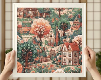 Village Houses Cross Stitch Pattern: Rustic Town Landscape (PDF Download)