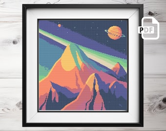 Mountain Planet Cross Stitch Pattern: Modern Cosmos Landscape (PDF Pattern)