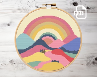 Abstract Mountain Landscape Cross Stitch Pattern: Sunrise Colors (PDF)