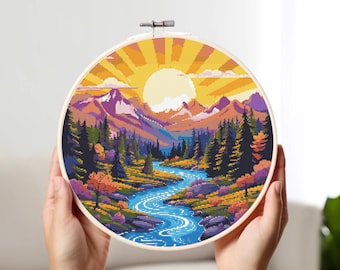 Mountain Sunrise Cross Stitch Pattern: Landscape View (PDF Pattern)
