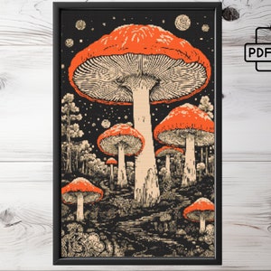 May include: A black and white illustration of a group of red mushrooms with white stems against a dark background with white stars. The largest mushroom is in the center of the image and the other mushrooms are arranged around it.