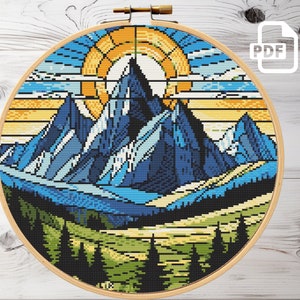 Buntglas-Bergsonnenaufgang | Kreuzstichmuster, Sonnenuntergang X-Kreuzstich, Sofort-Download PDF, gezählte Kreuzstiche, Diagramm
