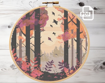 Forest Landscape Cross Stitch Pattern: Nature Mountain Scene (PDF Pattern)