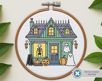 Pastel Haunted House Cross Stitch Pattern: Kawaii Halloween Embroidery (PDF)