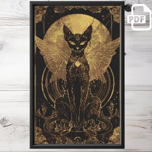 May include: A black cat with golden wings sits in a golden circle, surrounded by intricate geometric patterns. The cat has a golden halo and a golden jewel on its chest. The background is black.
