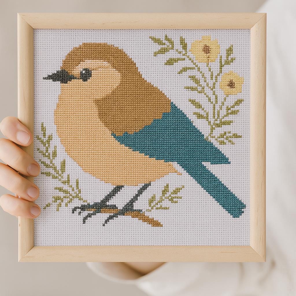 Bluebird Cross Stitch Pattern: Vintage Floral Bird Embroidery (PDF