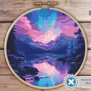 Mountain Lake Aurora Cross Stitch Pattern: Northern Lights Landscape (PDF Instant Download)