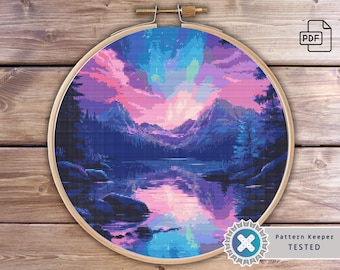 Mountain Lake Aurora Cross Stitch Pattern: Northern Lights Landscape (PDF Instant Download)
