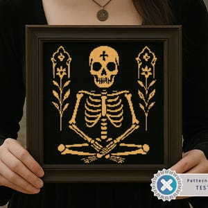 Folk Art Skeleton Cross Stitch Pattern: Gothic Floral Design (PDF Pattern)