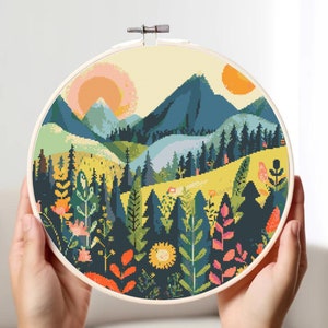Volkskunst Berglandschaft Kreuzstichmuster PDF | Village xstitch Zählkarte | Bunte Kreuzstichkarte der modernen Volkskunst