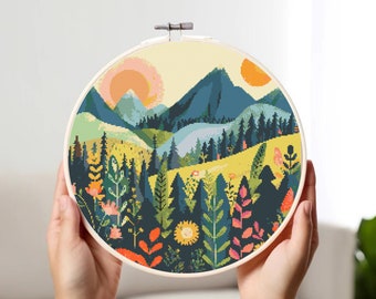 Folk Art Mountain Landscape Cross Stitch Pattern: Colorful Village (PDF Pattern)