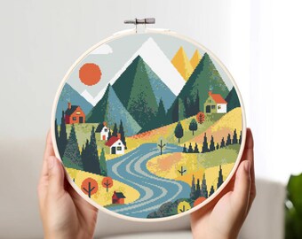Folk Art Mountain Village Cross Stitch Pattern (PDF)
