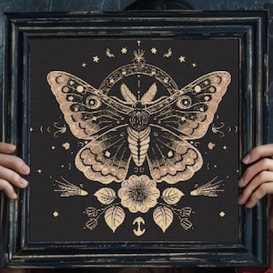 Gothic Moth Cross Stitch Pattern PDF | Floral Moth Cross Stitch Chart | Dark Insect modern counted chart | Witchy, Witchcraft, Gothic PDF