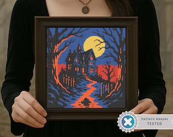 Haunted House Cross Stitch Pattern PDF | Gothic Gift for Goth X-Stitch Chart | Spooky Halloween Digital Pattern | Modern Easy