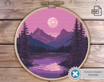 Sunset Mountain River Cross Stitch Pattern: Winter Landscape (PDF Instant Download)
