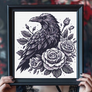 Raven Woodcut Cross Stitch Pattern PDF | Mystical Spooky Creepy Dark Halloween xstitch counted chart | Modern Goth X-Stitch | Easy Pattern