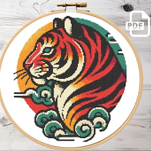 Tijger kruissteekpatroon PDF | xstitch-diagram van wilde dieren | Natuursteekpatroon PDF | Direct downloaden | Steeksjabloon
