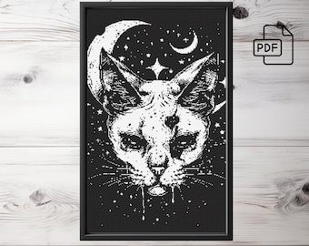 Gothic Cat Cross Stitch Pattern: Spooky Halloween X-Stitch (PDF)