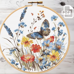 Wilde bloemen met vlinderkruissteekpatroon PDF | Modern kruissteekontwerp | Bloemen geteld xsteekdiagram | Borduurontwerp digitaal