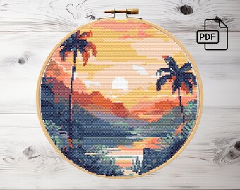 Sunset in the Mountains Cross Stitch Pattern, Instant download, landscape embroidery PDF Pattern