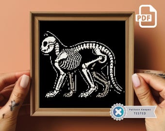 Cat Skeleton Cross Stitch Pattern: Gothic Halloween Design (PDF)