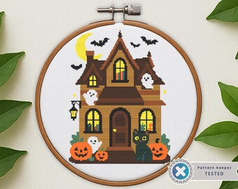 Haunted House Cross Stitch Pattern: Spooky Halloween Design (PDF)