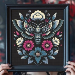 Gothic Moth Cross Stitch Pattern PDF | Floral Moth Cross Stitch Chart | Dark Insect modern counted chart | Witchy, Witchcraft, Gothic PDF
