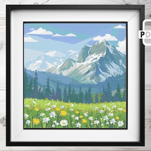 Modernes Natur-Berglandschaft-Kreuzstichmuster PDF | Wild Nature xStitch Zählkarte | Einfaches digitales Stichmuster