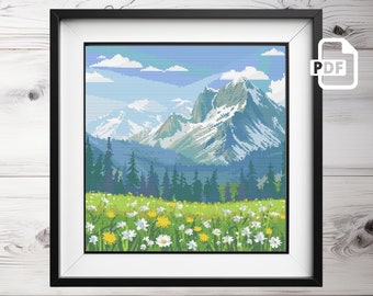 Modern Mountain Landscape Cross Stitch Pattern: Nature Art (PDF Pattern)