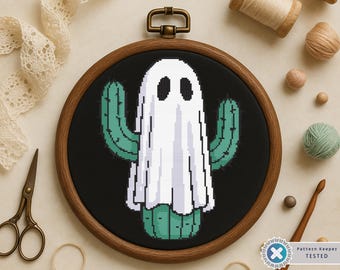 Kaktus-Geist Kreuzstich-Muster: Lustiges Halloween-Stickmuster PDF