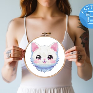 Lindo Kawaii Cat Cross Stitch Pattern PDF, mini gráficos digitales de bordado divertidos