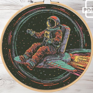 ロケットに乗った宇宙飛行士のクロスステッチ パターン PDF、コスモス x-クロスステッチ、即時ダウンロード PDF、カウント クロスステッチ、クロスステッチ チャート