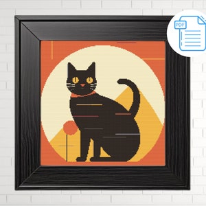 May include: A black cat with yellow eyes sits in a circle against a background of orange, yellow, and white. The cat is stylized with black lines and a red collar.