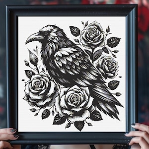 Raven Woodcut Cross Stitch Pattern PDF | Mystical Spooky Creepy Dark Halloween xstitch counted chart | Modern Goth X-Stitch | Easy Pattern