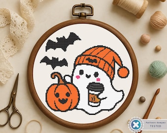 Halloween Ghost Cross Stitch Pattern: Pumpkin, Coffee, Bats (PDF Download
