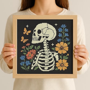 Folk Art Skeleton Cross Stitch Pattern: Floral Gothic Design (PDF)
