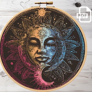 Mandala Sun and Moon Cross Stitch Pattern: Gothic Celestial Design (PDF Pattern)