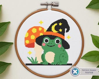Wizard Frog Cross Stitch Pattern: Witch Hat, Mushroom, Kawaii Halloween (PDF Pattern)