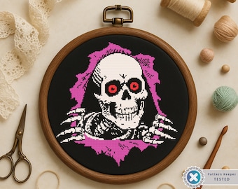 Padrão de ponto cruz de caveira assustadora: bordado retrô de Halloween (download em PDF)
