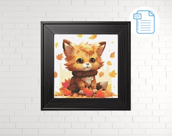 May include: A cute orange fox wearing a brown scarf sits in a pile of autumn leaves. The fox has big, brown eyes and a white muzzle. The leaves are orange, yellow, and red.