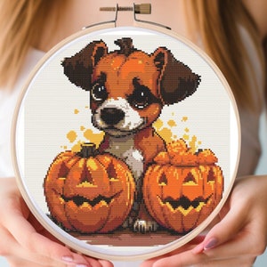 Cute Halloween Dogand Pumpkin Cross Stitch Pattern PDF | Autumn x-stitch Design | Gothic Embroidery | Digital Chart
