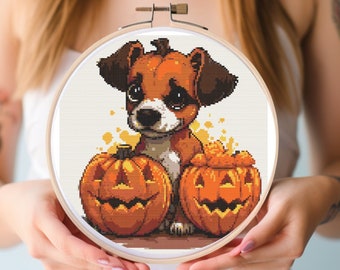Schema punto croce cane di Halloween / Ricamo zucca (schema digitale)