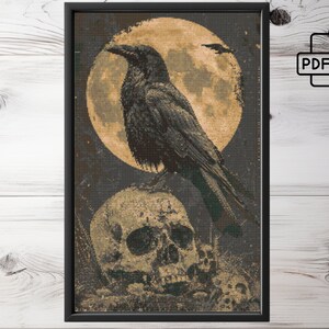May include: A black raven perched on a white skull with a large, yellow moon in the background. The raven has its wings spread out and is looking to the left. The skull is cracked and has a few teeth missing. The moon is full and has a dark, shadowy area on the right side.