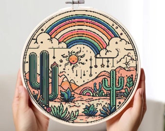 Patrón de punto de cruz "Amanecer en el desierto": Cactus y arcoíris (Patrón PDF)